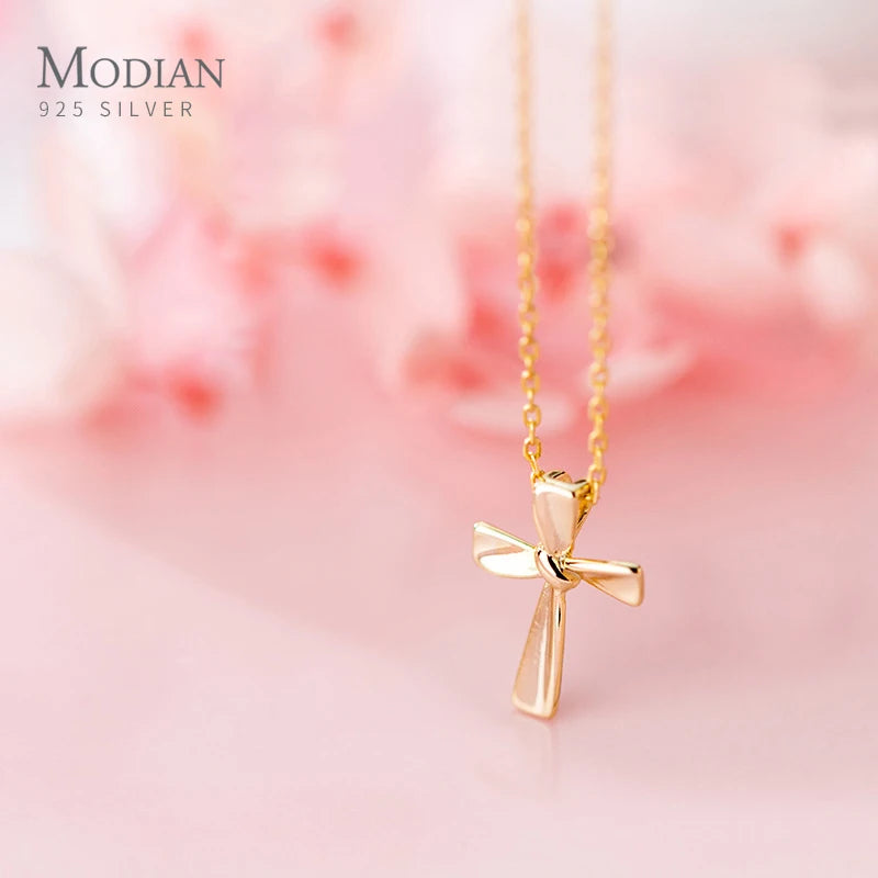 Minimalist Cross Pendant - 925 Sterling Silver Geometric Knot Chain for Women