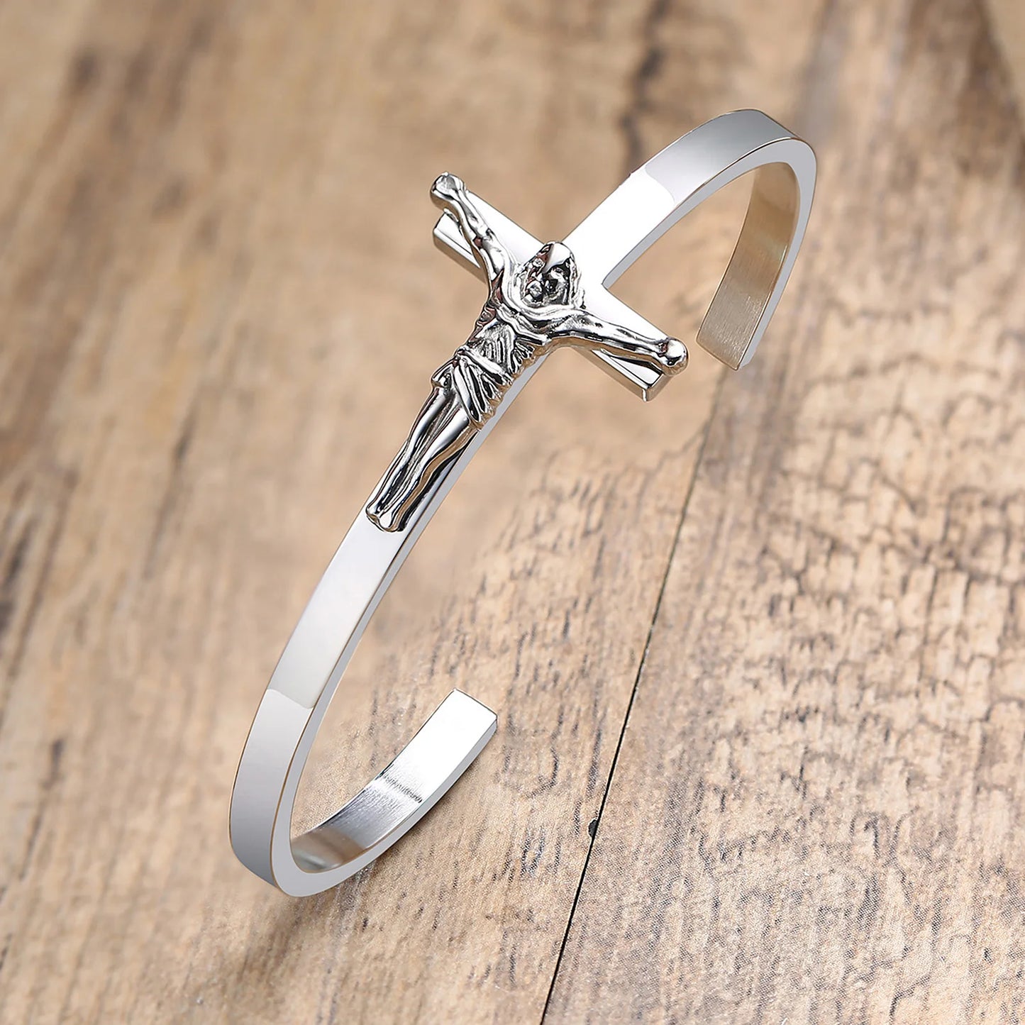 Men’s Sideways Cross Cuff Bracelet - Stainless Steel Christian Jewelry