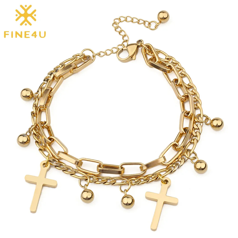 Double Layered Cross Bracelet - Stainless Steel Christian Jewelry for Unisex