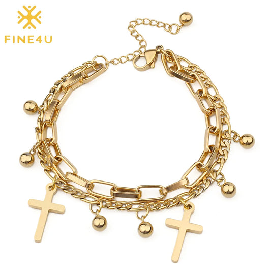 Double Layered Cross Bracelet - Stainless Steel Christian Jewelry for Unisex