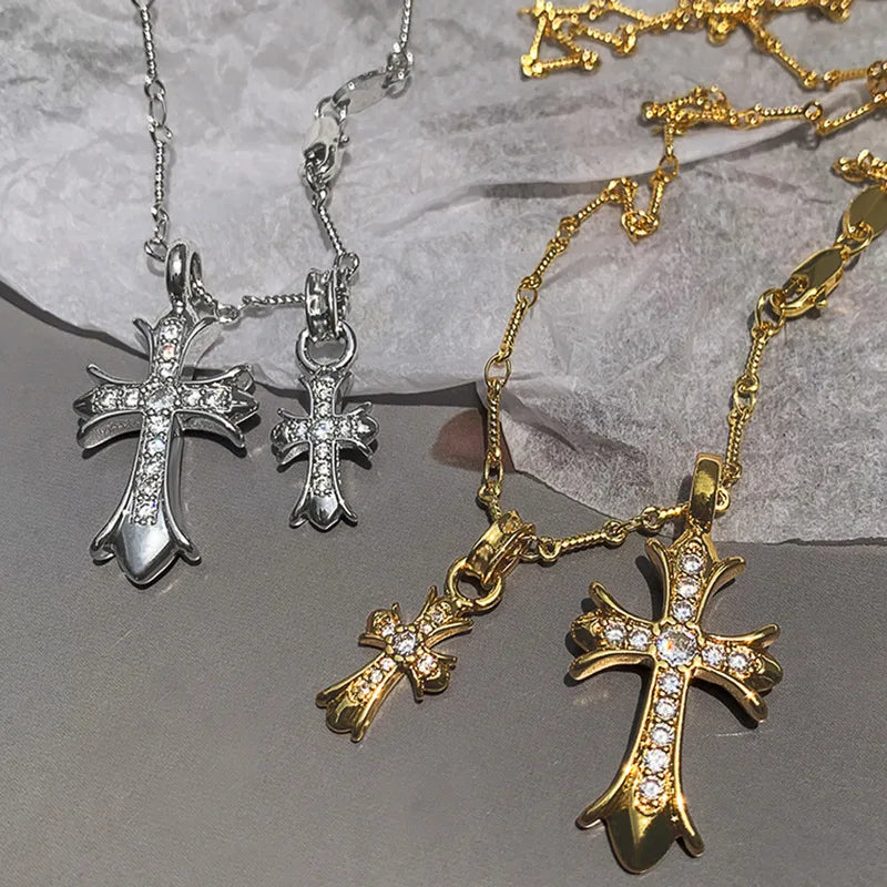 Gold Double Cross Necklace - Cubic Zirconia Pendant for Women & Men