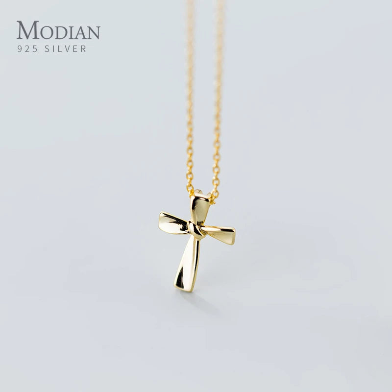 Minimalist Cross Pendant - 925 Sterling Silver Geometric Knot Chain for Women