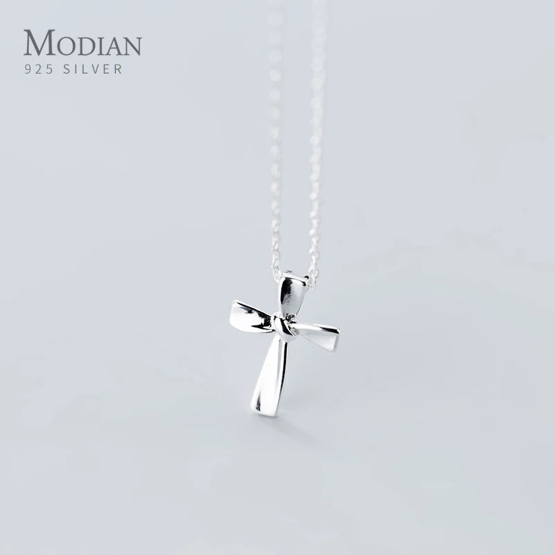 Minimalist Cross Pendant - 925 Sterling Silver Geometric Knot Chain for Women