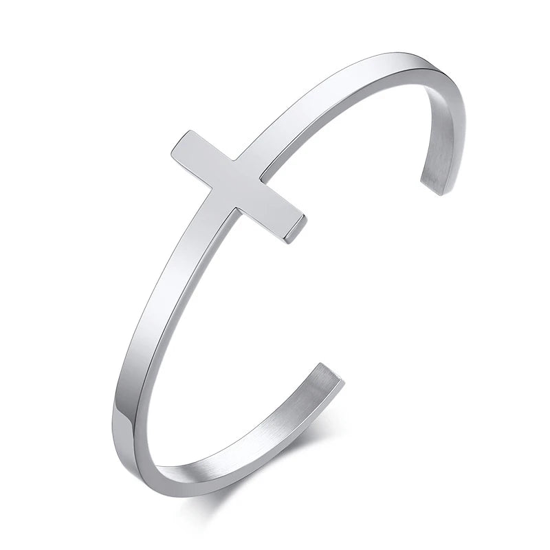 Men’s Sideways Cross Cuff Bracelet - Stainless Steel Christian Jewelry