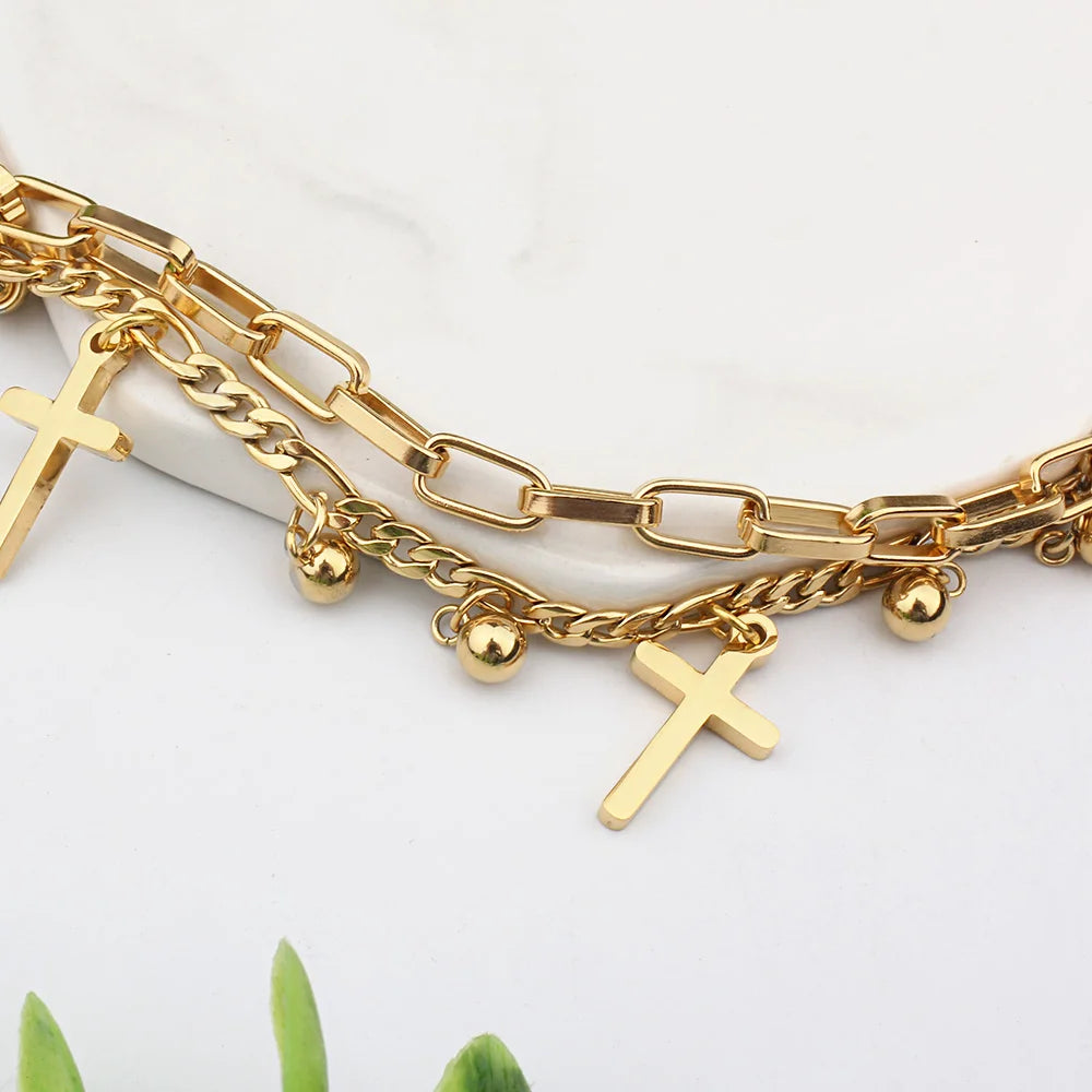 Double Layered Cross Bracelet - Stainless Steel Christian Jewelry for Unisex