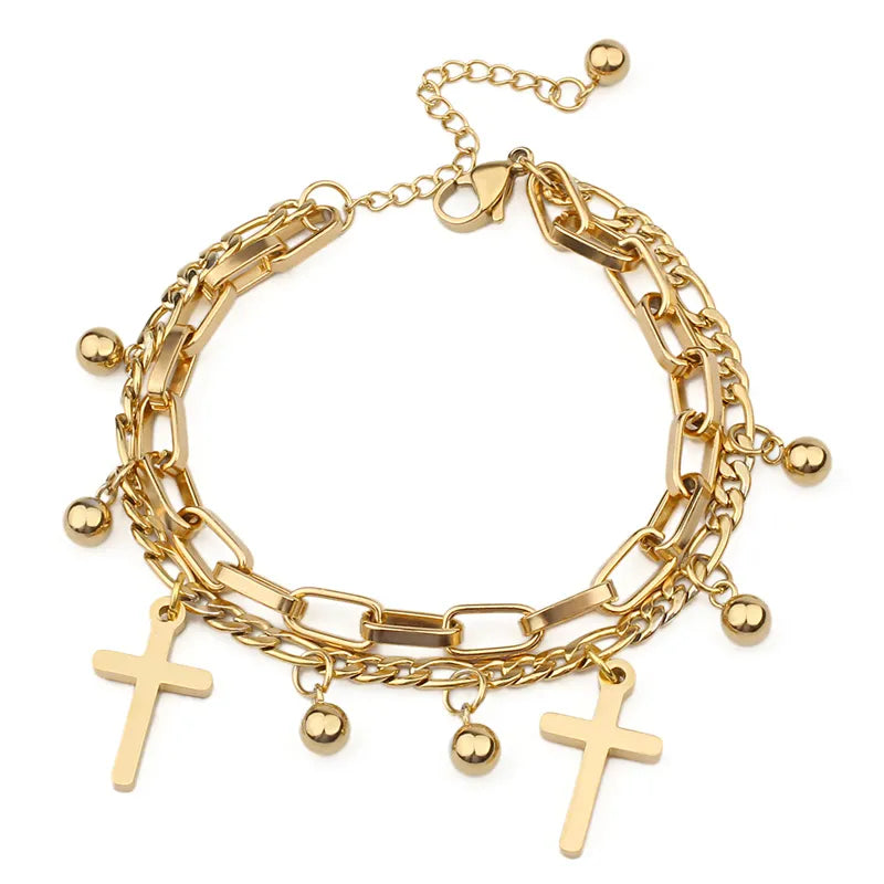 Double Layered Cross Bracelet - Stainless Steel Christian Jewelry for Unisex