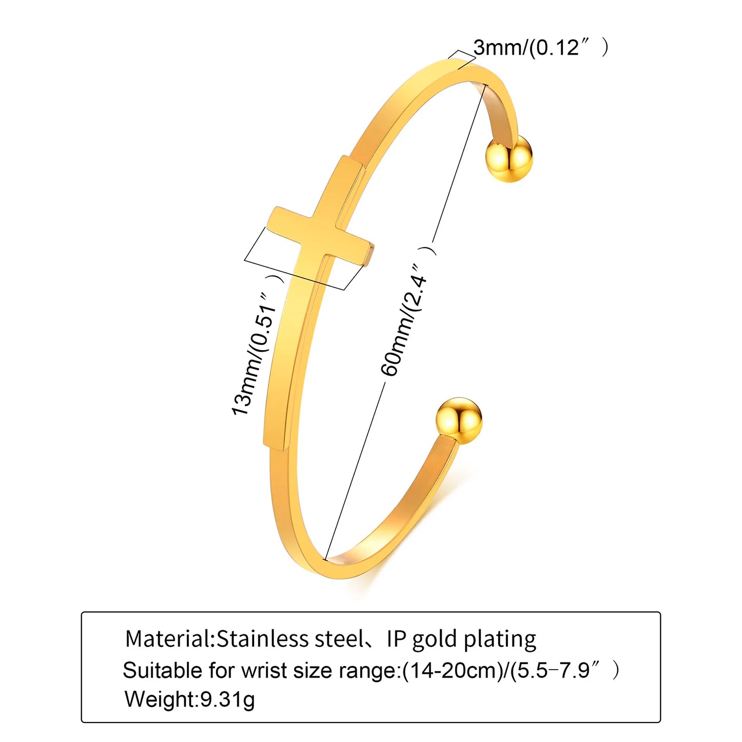 Men’s Sideways Cross Cuff Bracelet - Stainless Steel Christian Jewelry