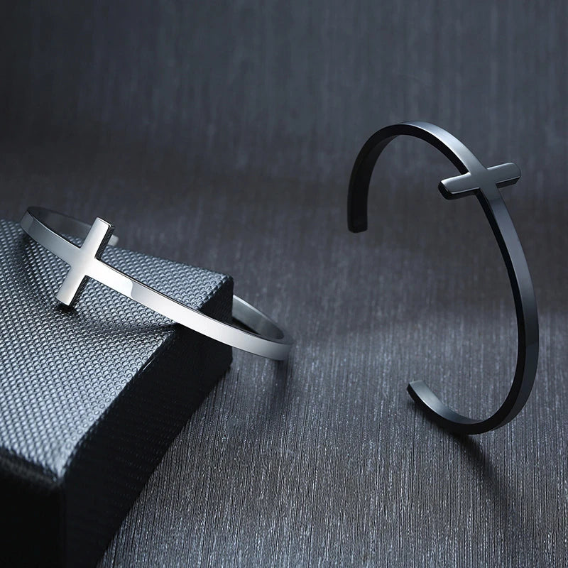 Men’s Sideways Cross Cuff Bracelet - Stainless Steel Christian Jewelry