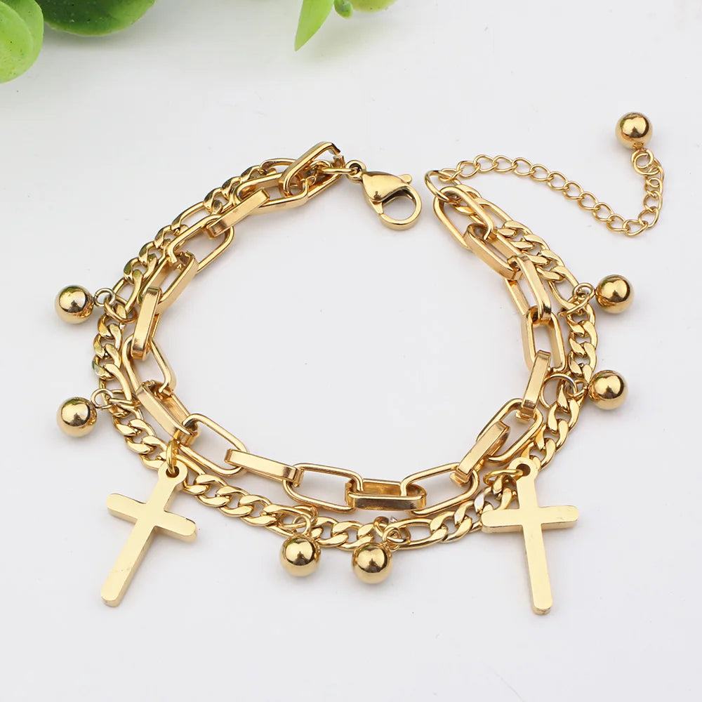 Double Layered Cross Bracelet - Stainless Steel Christian Jewelry for Unisex