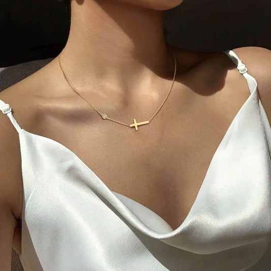 Petite Sideways Cross Necklace - Thin Chain Christian Jewelry for Women