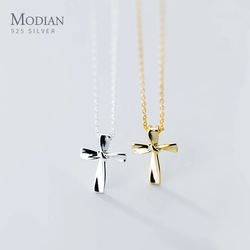 Minimalist Cross Pendant - 925 Sterling Silver Geometric Knot Chain for Women