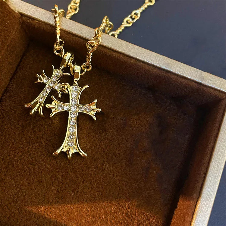 Gold Double Cross Necklace - Cubic Zirconia Pendant for Women & Men