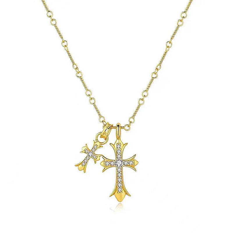 Gold Double Cross Necklace - Cubic Zirconia Pendant for Women & Men